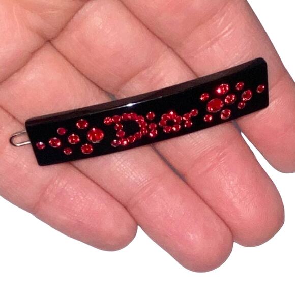 VTG Christian Dior Black Lucite Red Crystal Rhinestone Logo Hair Clip Barrette - Picture 7 of 12